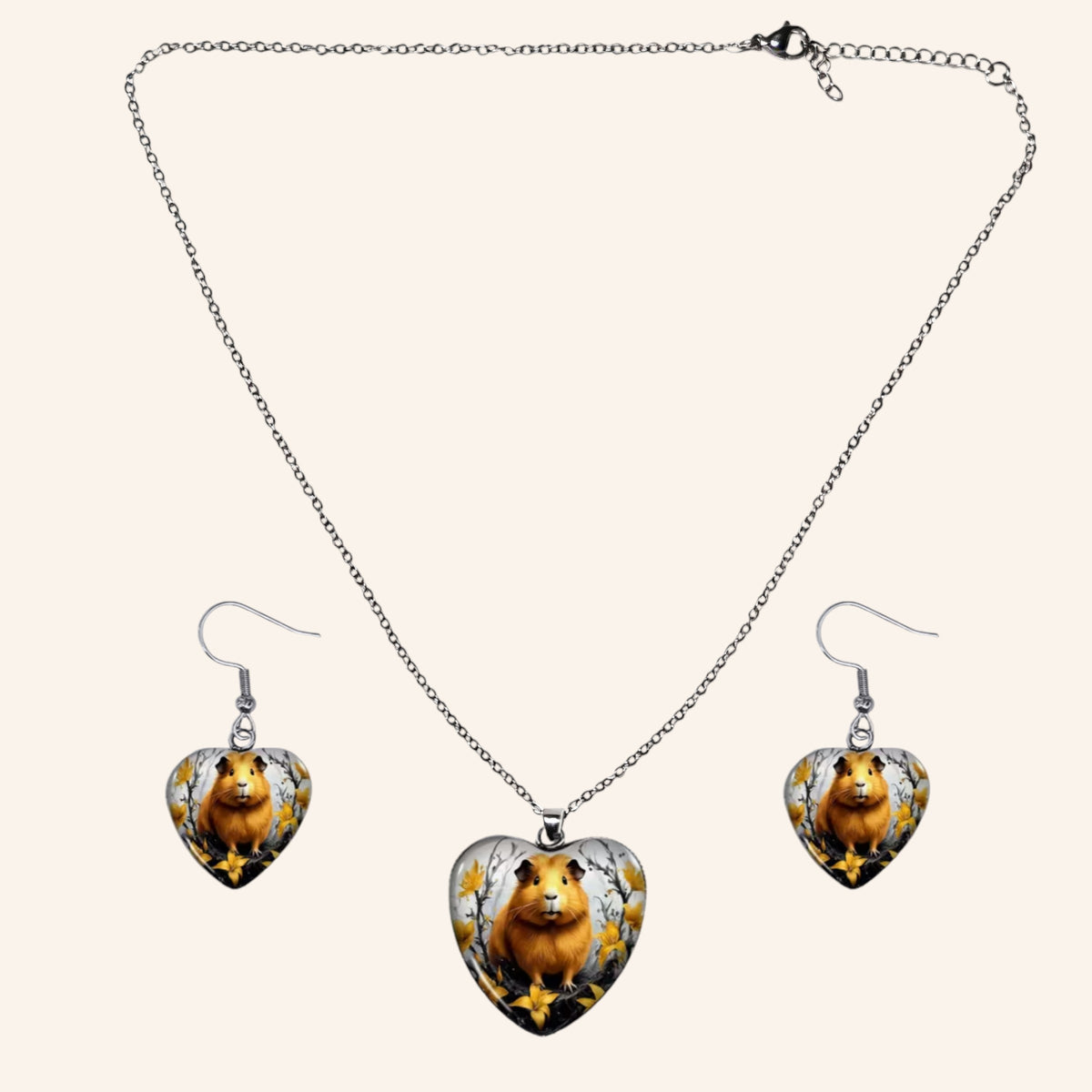 Herzmoment – 🐹💛 Meerschweinchen Schmuckset – Herz-Halskette & Ohrringe im harmonischen Design | Luxusschweine