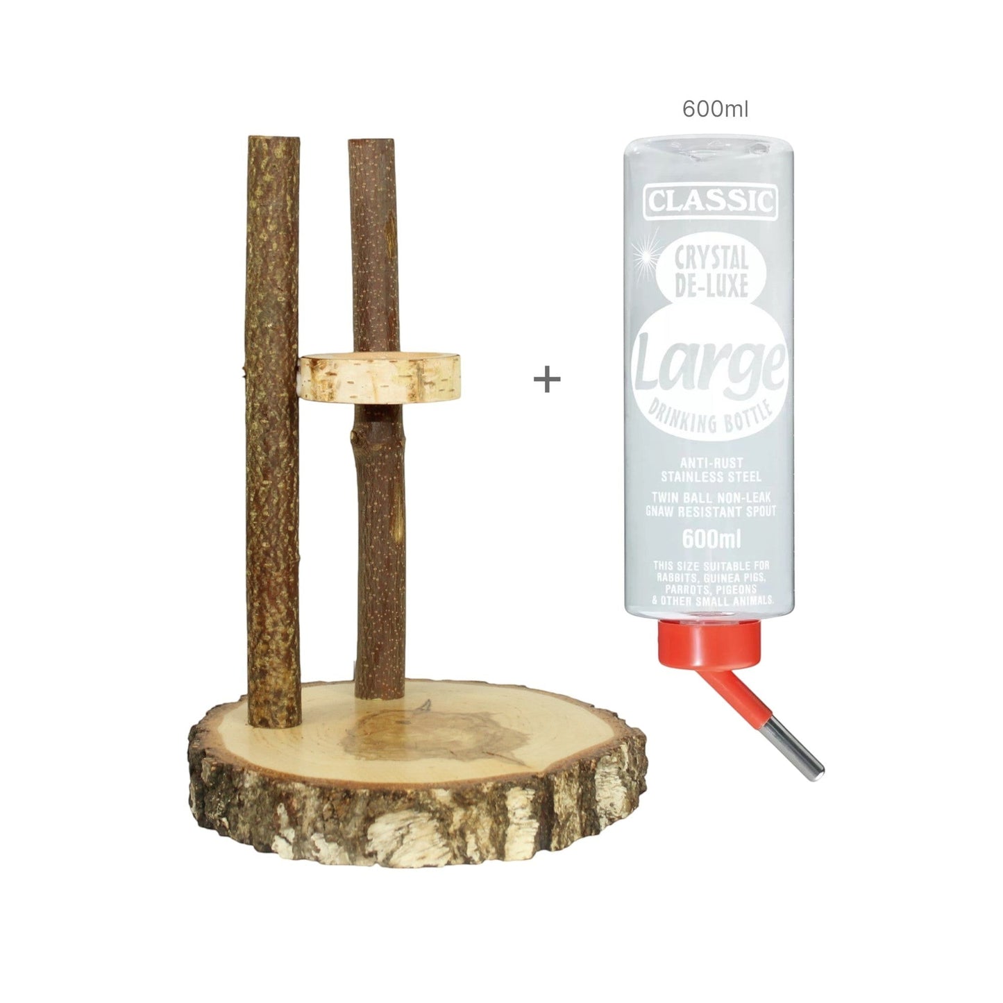 Nagerfarm wooden drinking station with 600ml bottle for small animals. Natural wood base and branches.