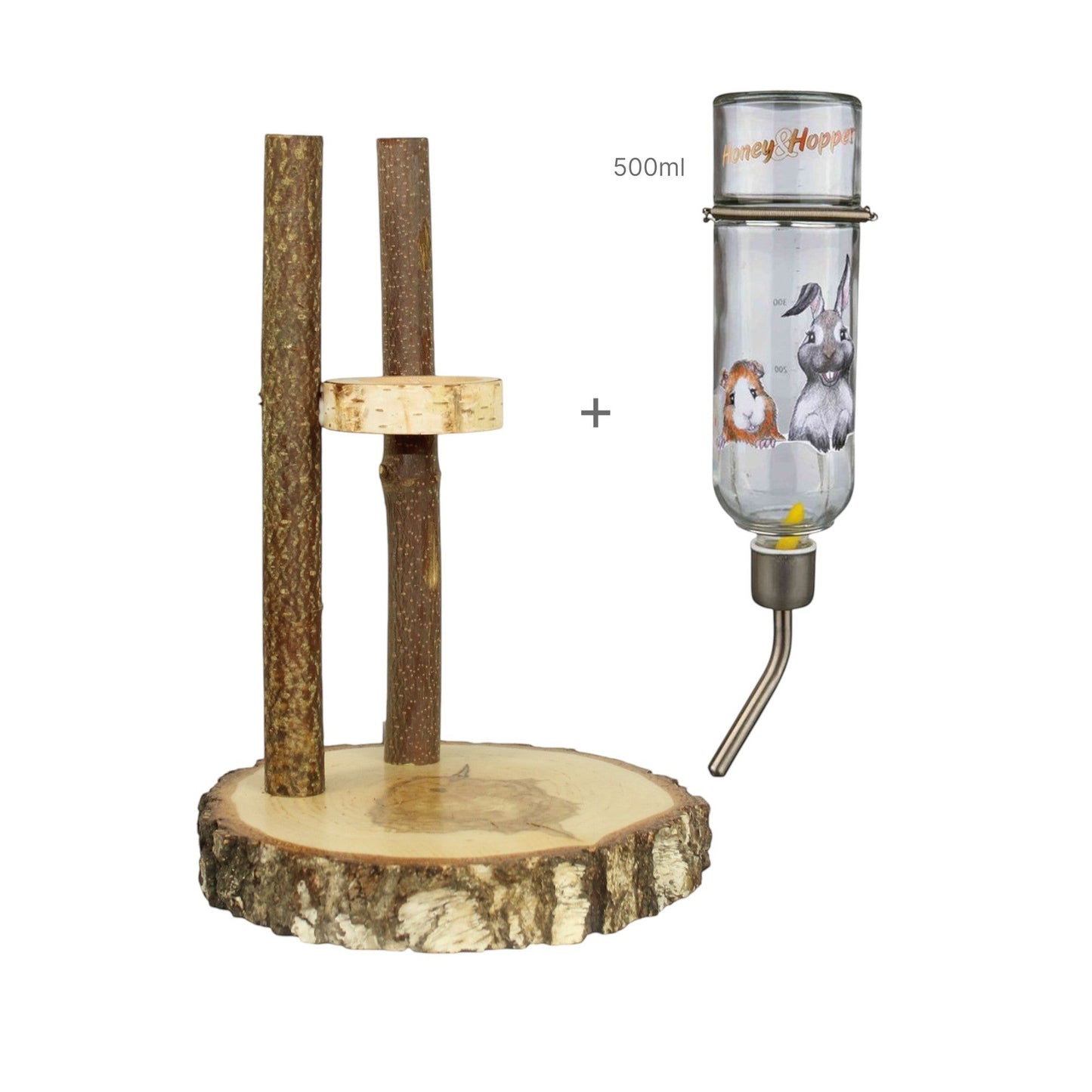 Nagerfarm natural wood small animal drinking station with 500ml glass bottle, featuring guinea pig and rabbit graphics.
