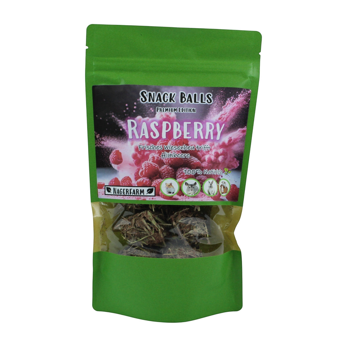 Nagerfarm Snack Balls Premium Raspberry flavour for rabbits and guinea pigs, made with meadow hay and raspberry.
