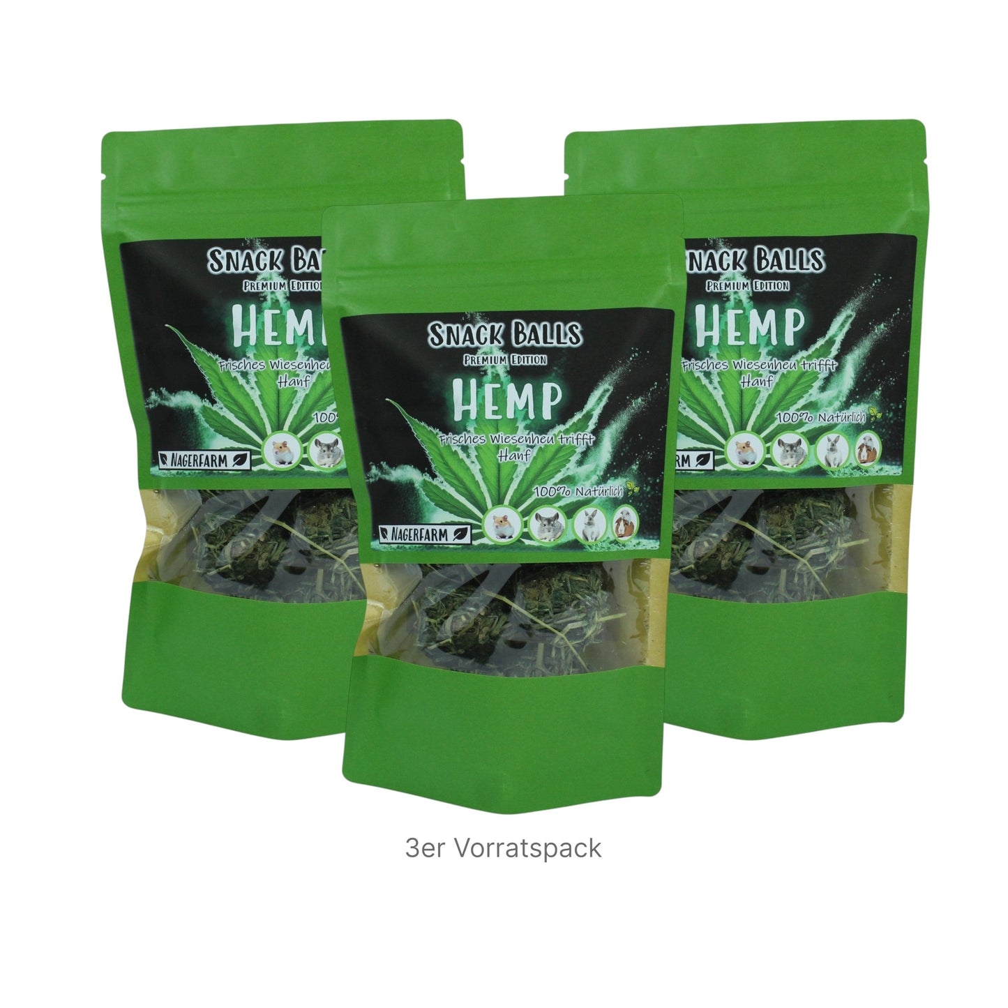 Nagerfarm Snack Balls Premium Hemp: natural hay and hemp treats for rabbits and guinea pigs.