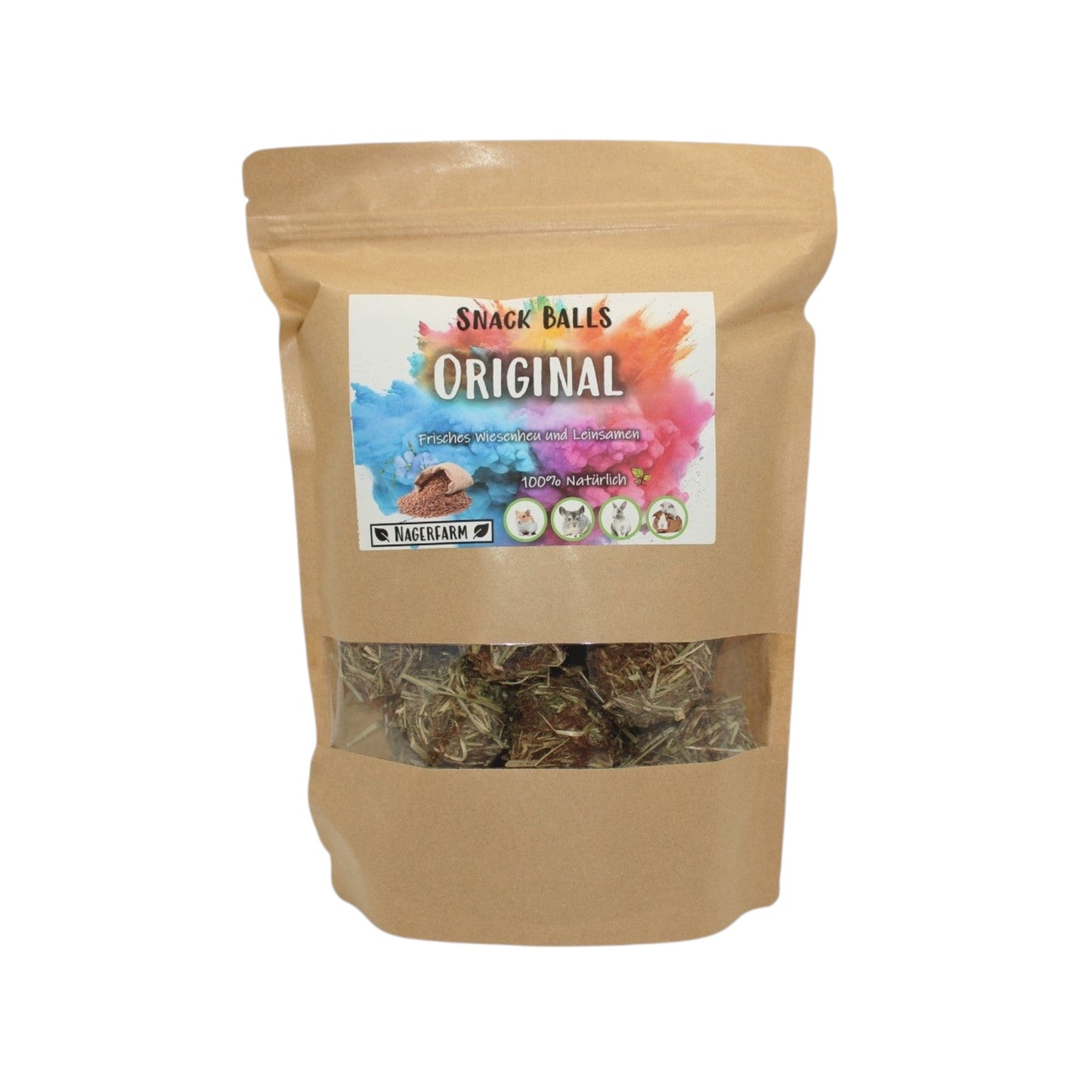 Nagerfarm Original Snack Balls, natural hay-based treats for rabbits and guinea pigs, 225g and 55g bags.