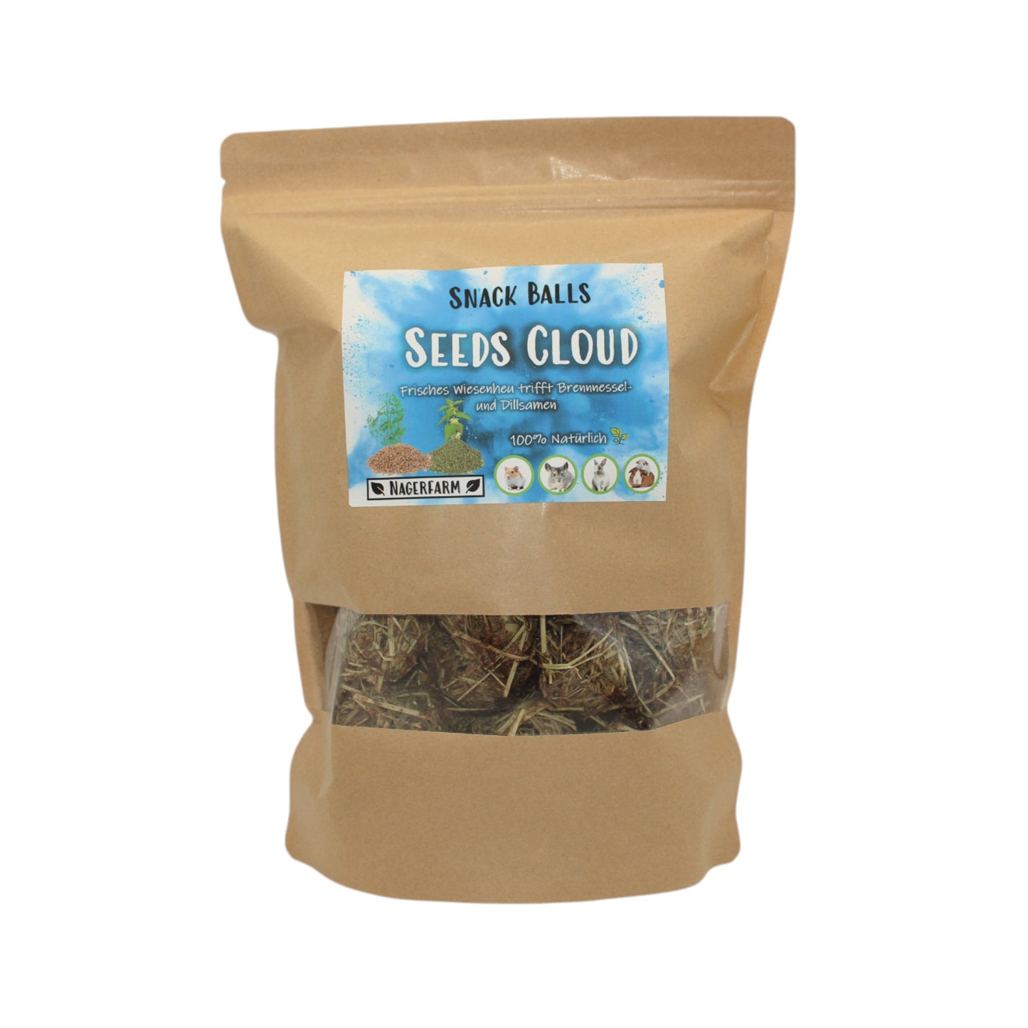 Nagerfarm Seeds Cloud snack balls for small animals, made with fresh meadow herbs, nettle, and chamomile. Grain-free.