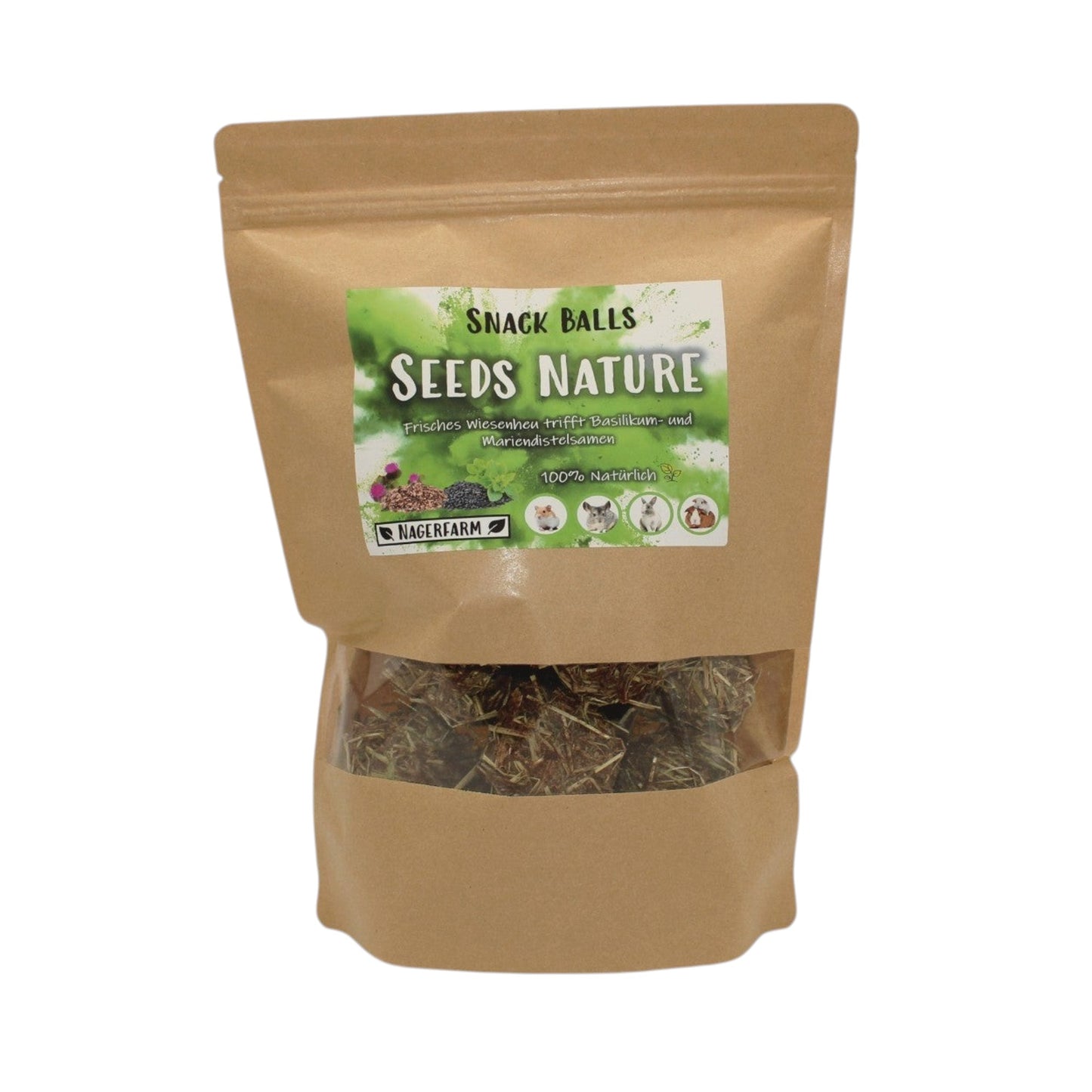 Nagerfarm Snack Balls Seeds Nature, natural hay-based treats with dill and nettle for guinea pigs and rabbits.