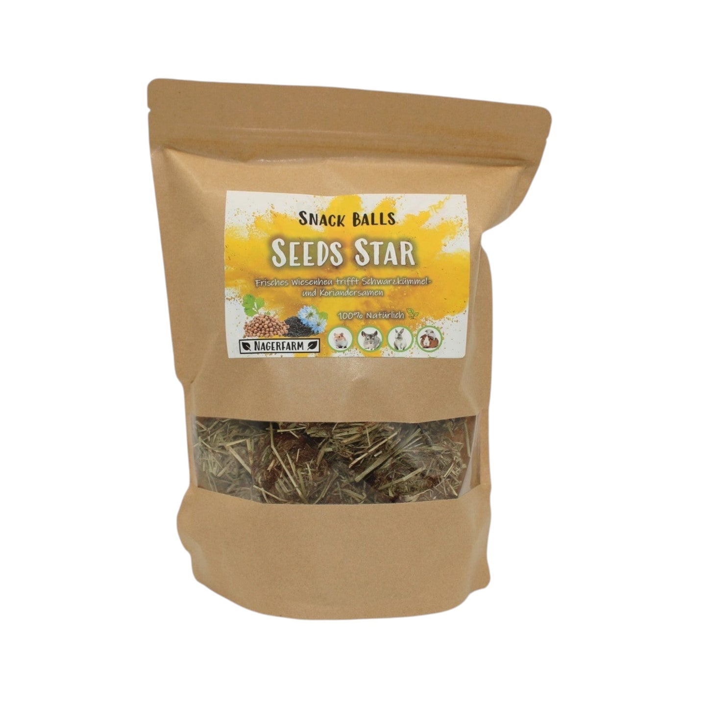 Nagerfarm Snack Balls Seeds Star, natural hay-based treats with black cumin and coriander for rabbits and guinea pigs.