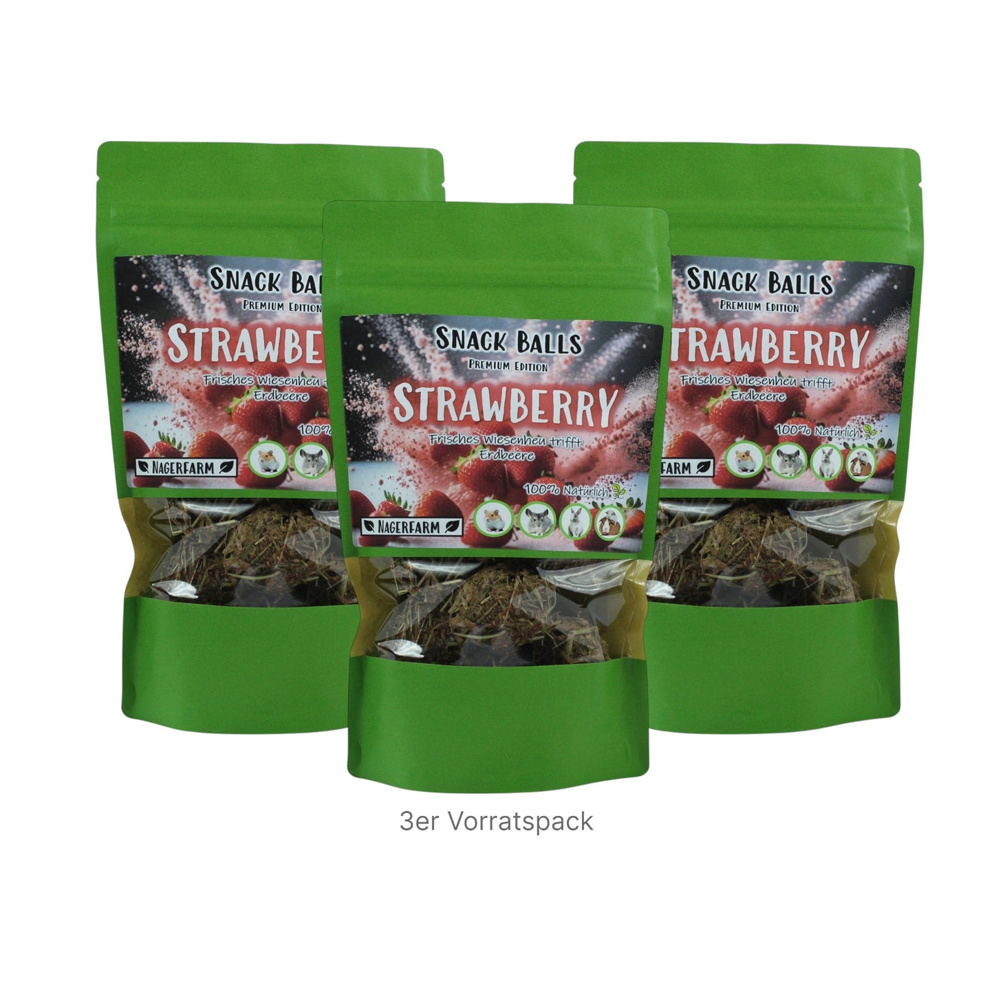 Nagerfarm Snack Balls Premium Strawberry, natural hay-based treats with strawberry for rabbits and guinea pigs.
