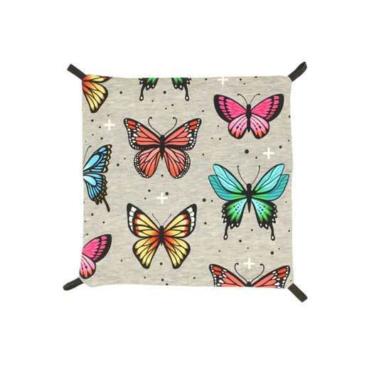 Nagerfarm grey fabric pet hammock with colourful butterfly print and black hanging loops.