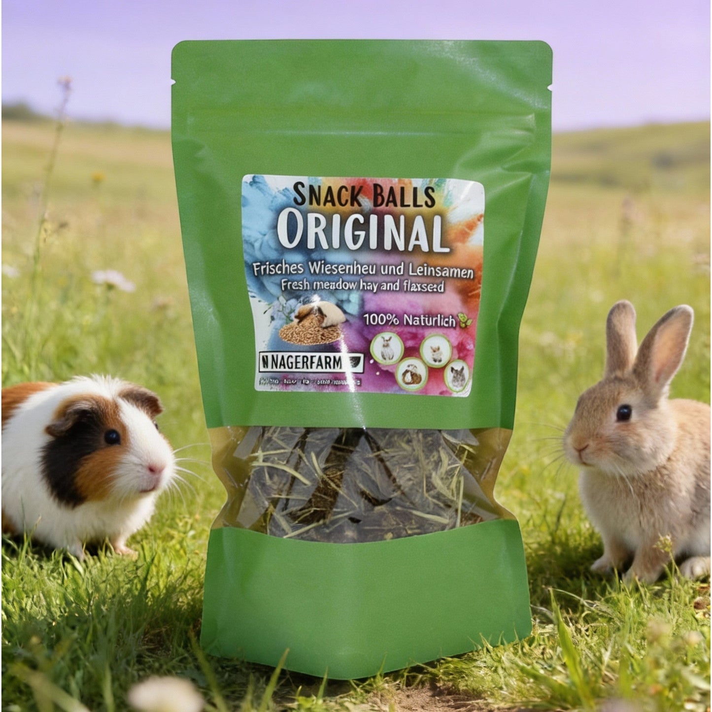 Nagerfarm Original Snack Balls made from fresh meadow hay and flaxseed for guinea pigs and rabbits.