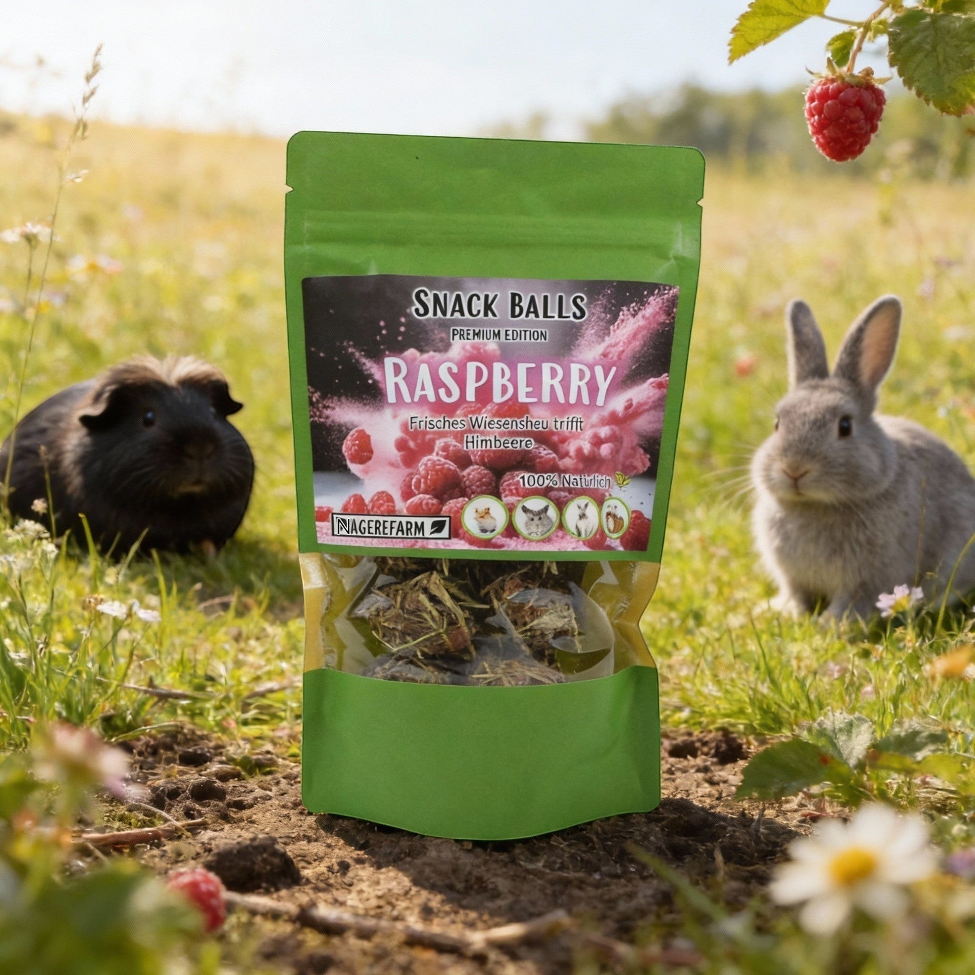 Nagerfarm Snack Balls Premium Raspberry, a natural, high-fiber treat for rabbits and guinea pigs made with meadow hay and raspberry.