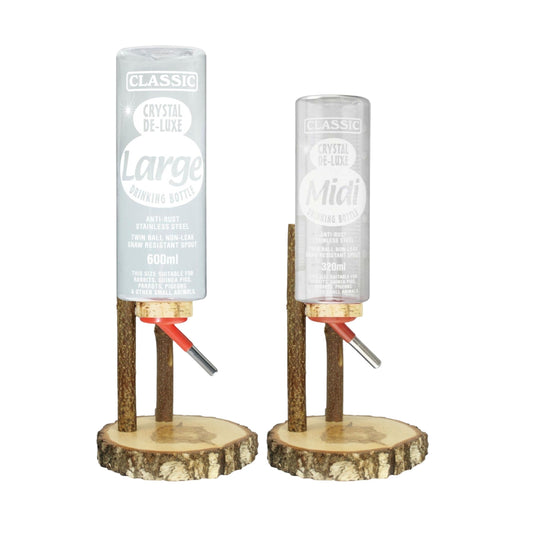 Nagerfarm small animal drinking station with two bottles, one 600ml and one 320ml, on natural wood bases.