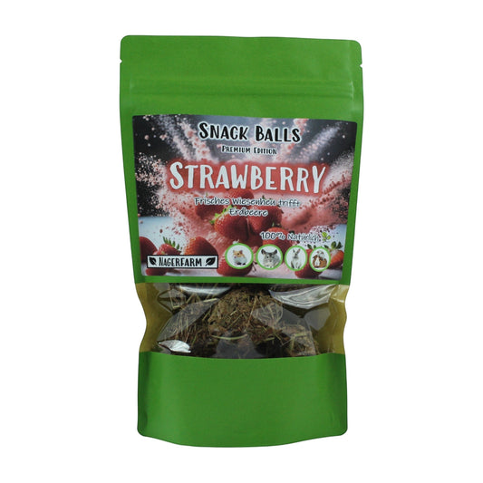 Nagerfarm Snack Balls Premium Strawberry, high-fiber treats for rabbits and guinea pigs made with meadow hay and strawberries.