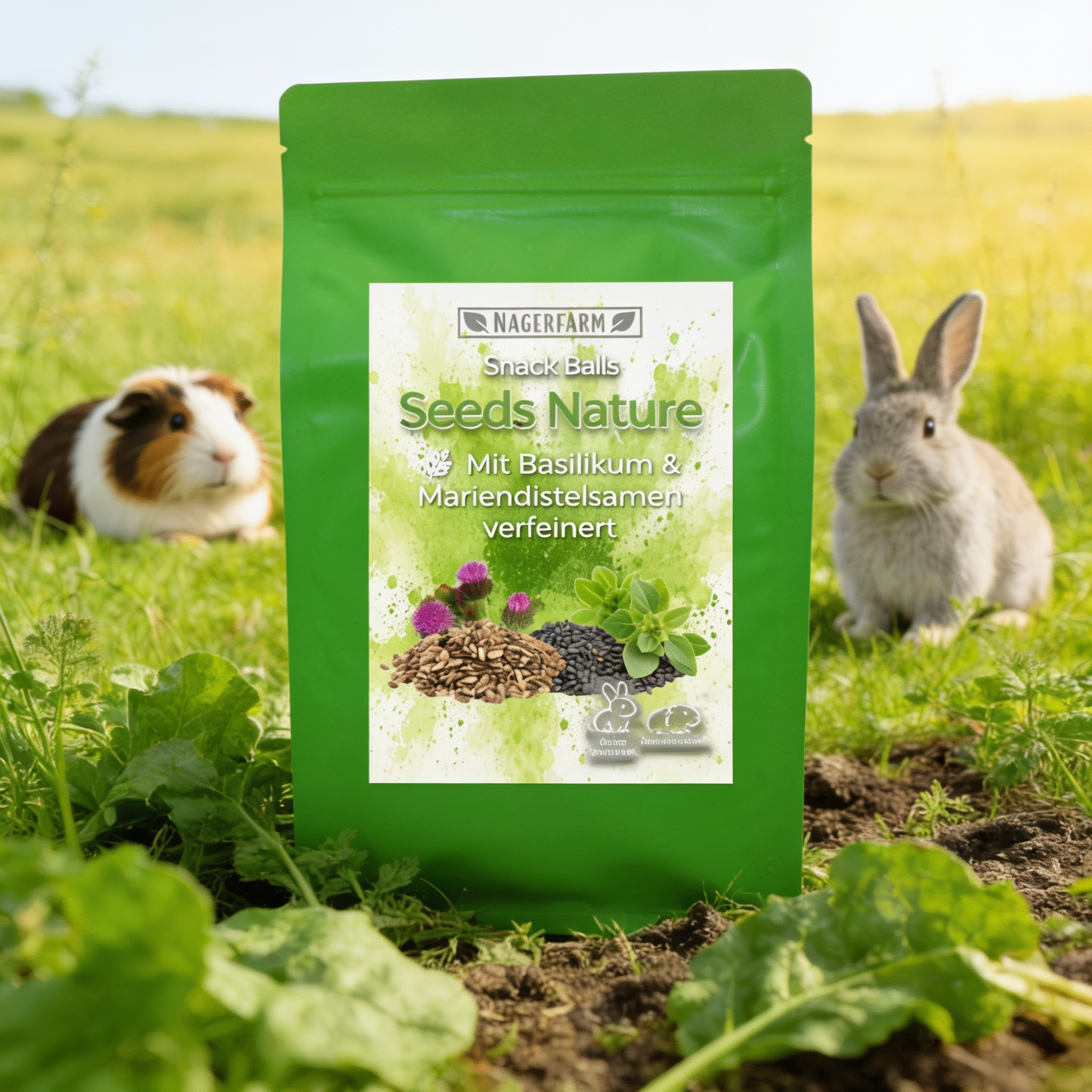 Snack Balls Seeds Nature – Heu-Snack mit Basilikum- & Mariendistelsamen für Meerschweinchen & Zwergkaninchen