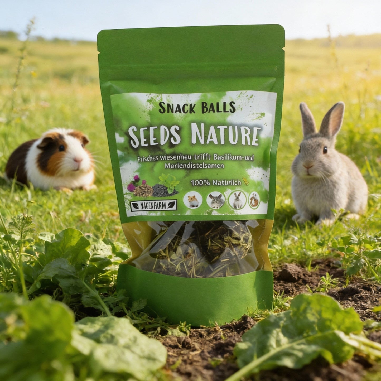 Nagenfarm Snack Balls Seeds Nature, a mix of meadow hay, basil, and thistle seeds for small animals.