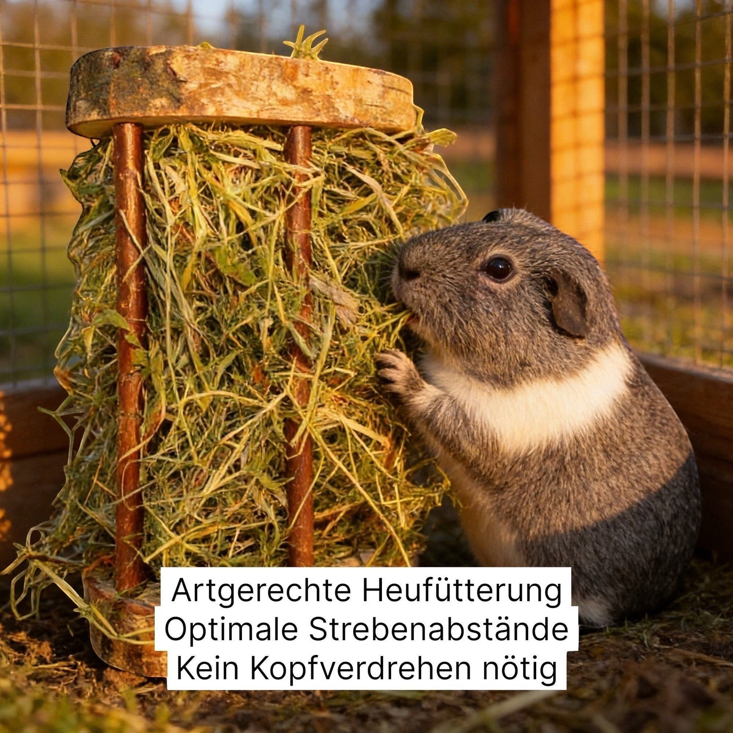 Nagerfarm Easy One wooden hay feeder with wide bars for guinea pigs, made from natural wood.