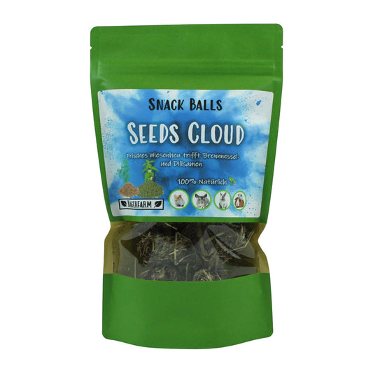 Nagerfarm Snack Balls Seeds Cloud, a natural, grain-free treat for small pets like rabbits and hamsters, made with meadow hay, nettle, and dill seeds.