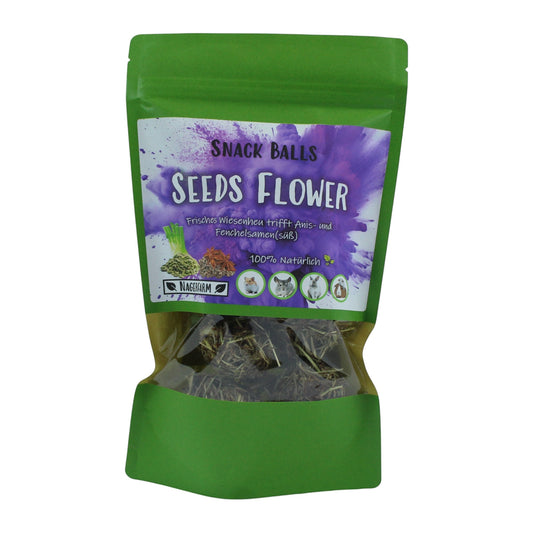 Nagerfarm Snack Balls Seeds Flower, natural hay-based treats with fennel and anise seeds for rabbits and guinea pigs.