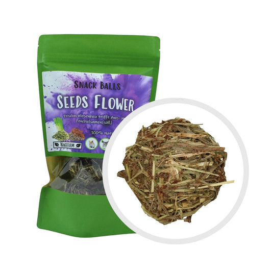 Nagerfarm Snack Balls Seeds Flower, natural hay and seed blend for rabbits and guinea pigs. Grain-free, no added sugar.