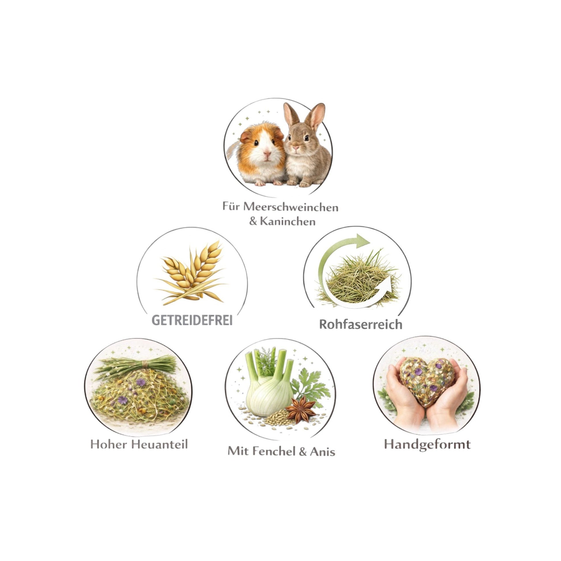 Nagerfarm Snack Balls - Seeds Flower, a heart-shaped treat for guinea pigs and rabbits, made with meadow hay, fennel, and anise. Grain-free and handmade.