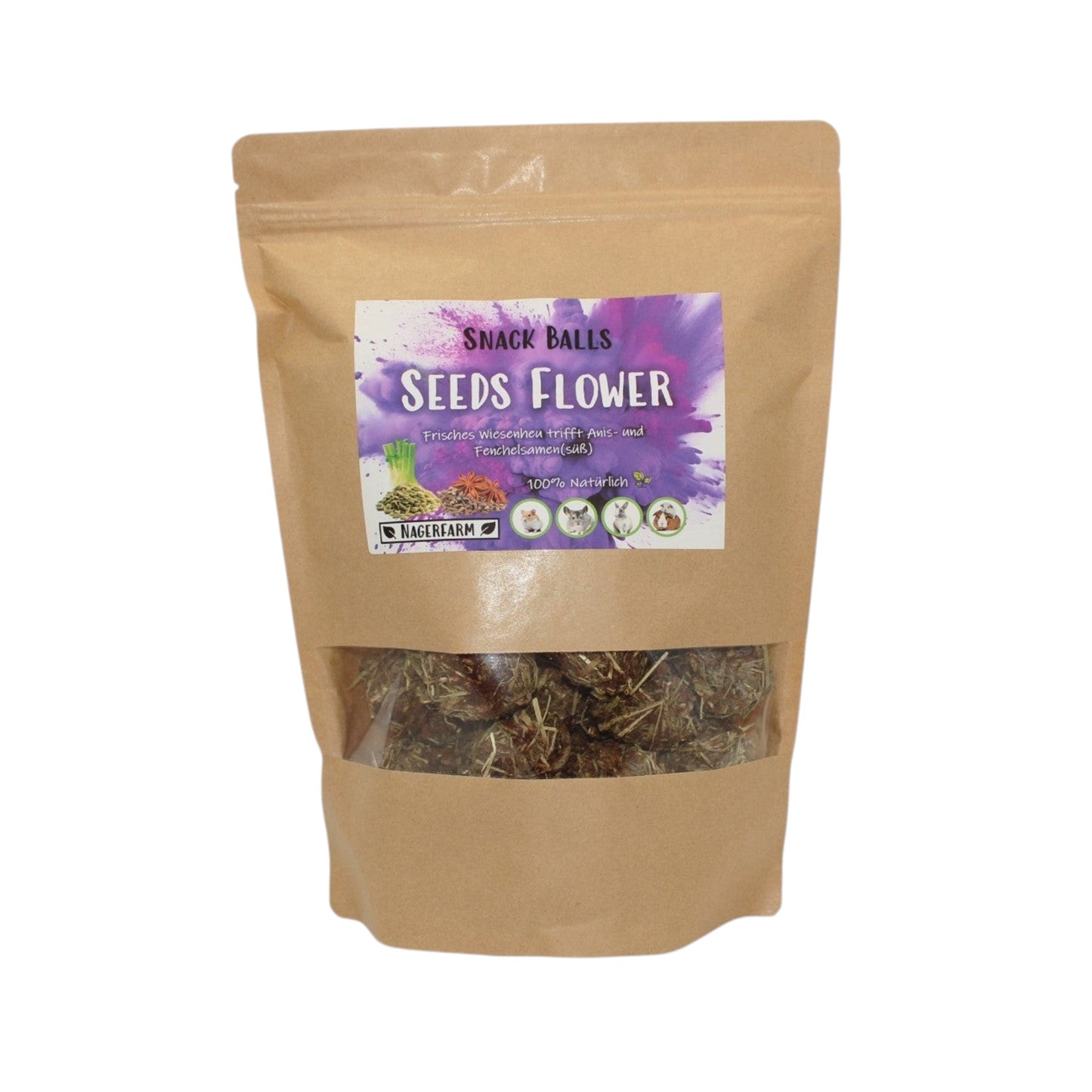 Nagerfarm Snack Balls Seeds Flower, natural hay and seed supplement for rabbits and guinea pigs. Available in 225g and 55g.