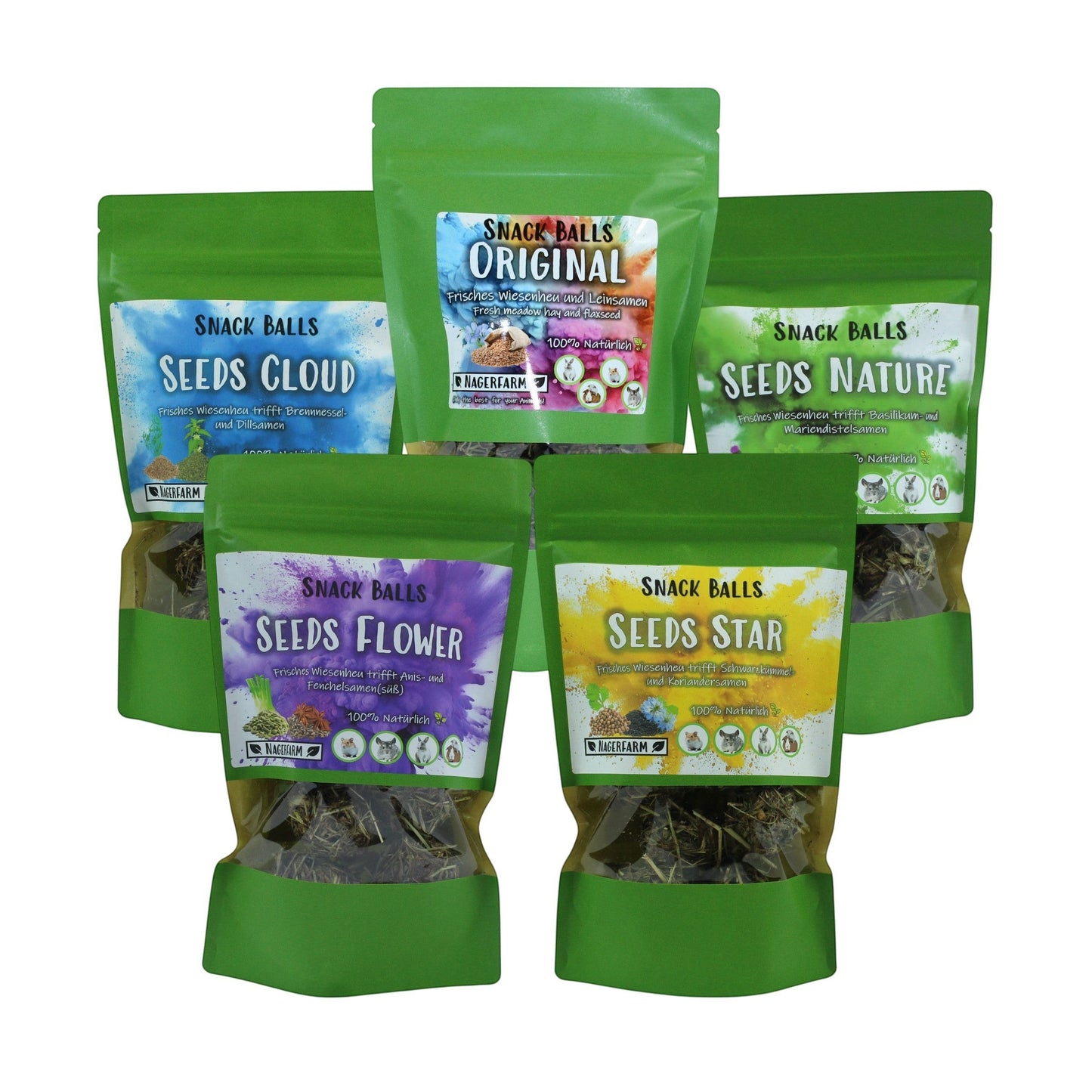 Nagerfarm Snack Balls bundle featuring 5 varieties: Original, Cloud, Nature, Flower, and Star. Made with meadow hay and seeds.