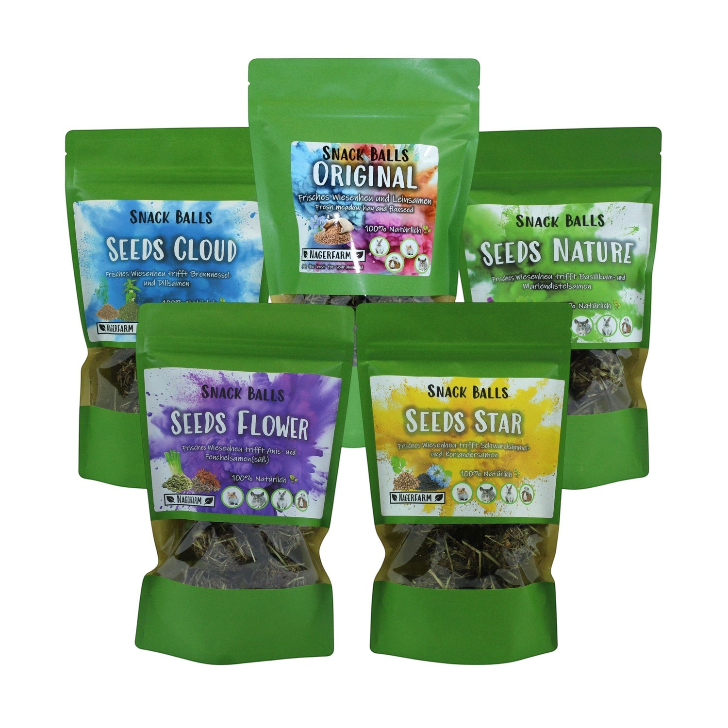Nagerfarm Snack Balls bundle featuring 5 varieties: Original, Cloud, Nature, Flower, and Star. Made with meadow hay and seeds.
