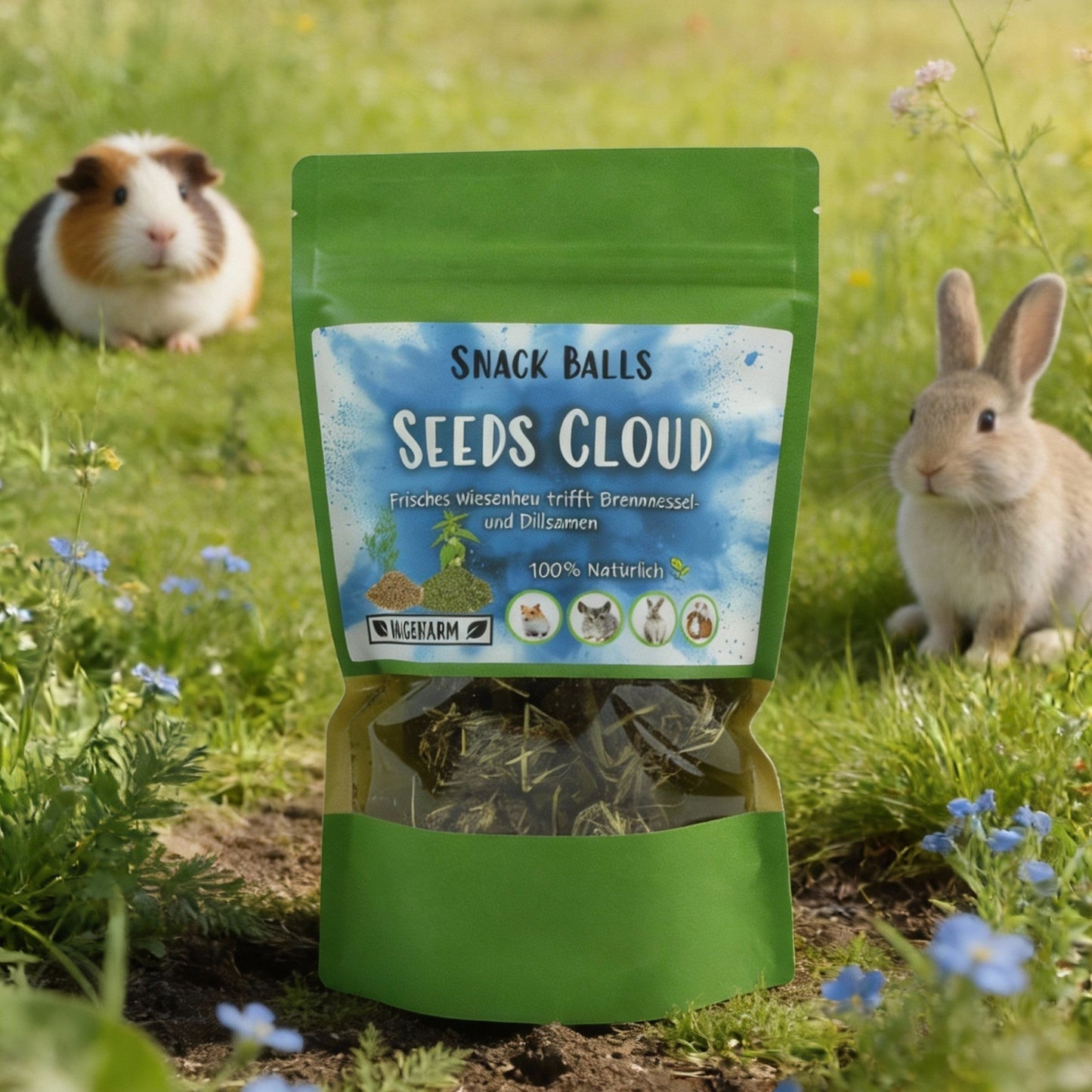 Nagerfarm Snack Balls Seeds Cloud, a mix of meadow hay, nettle, and dill seeds for small animals.