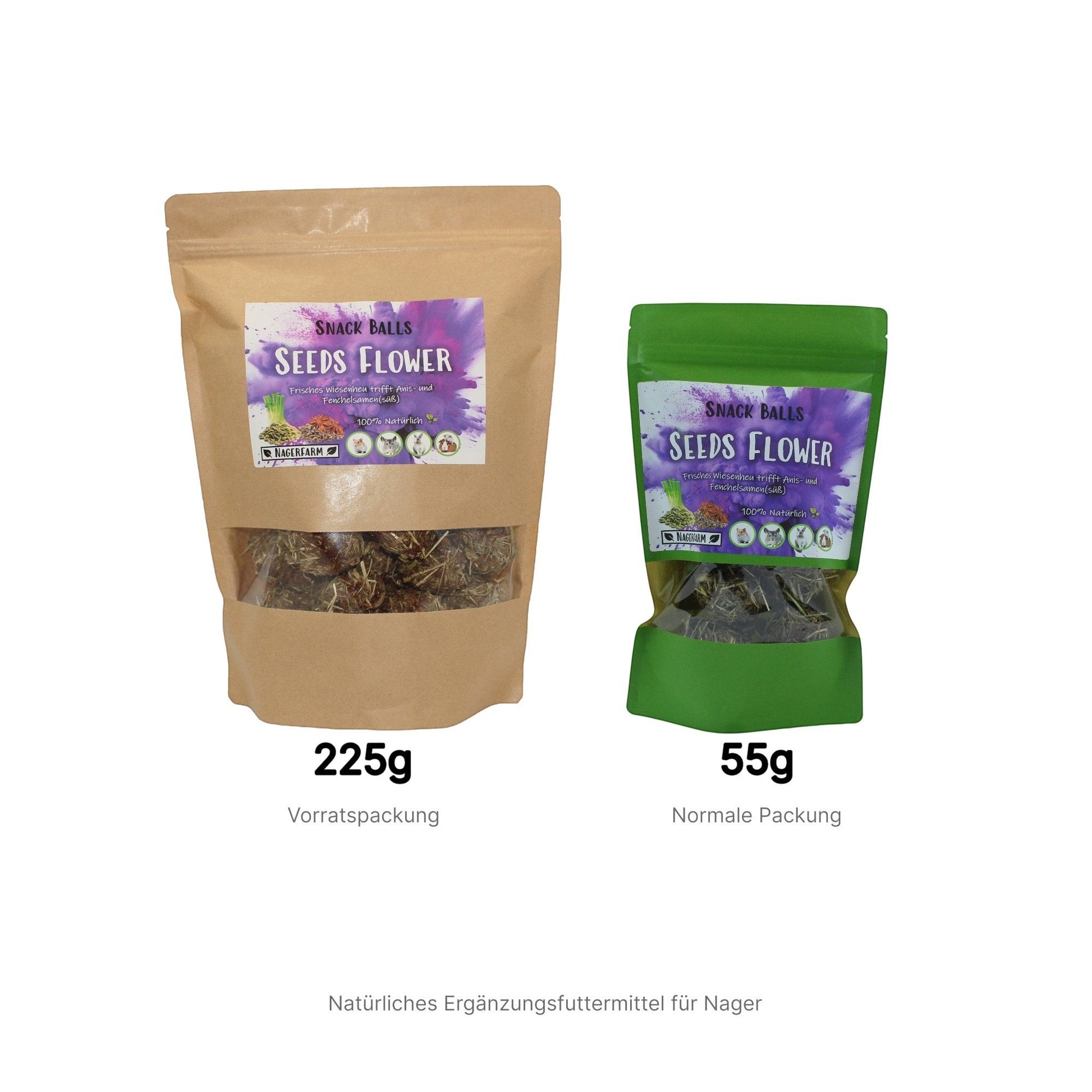 Nagerfarm Snack Balls Seeds Flower, natural hay and seed supplement for rabbits and guinea pigs. Available in 225g and 55g.