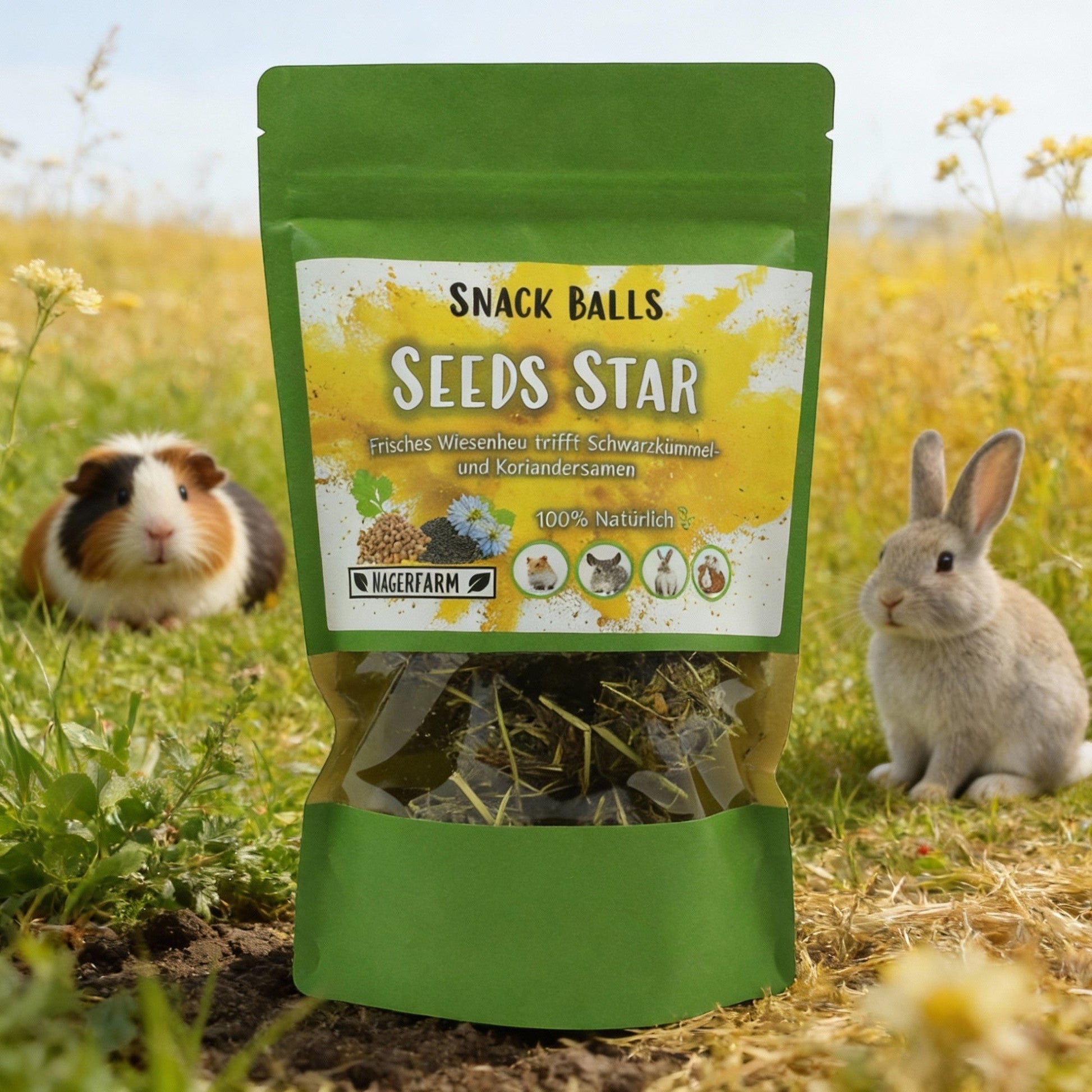 Nagerfarm Snack Balls Seeds Star, a mix of meadow hay, nigella seeds, and coriander seeds for small animals.